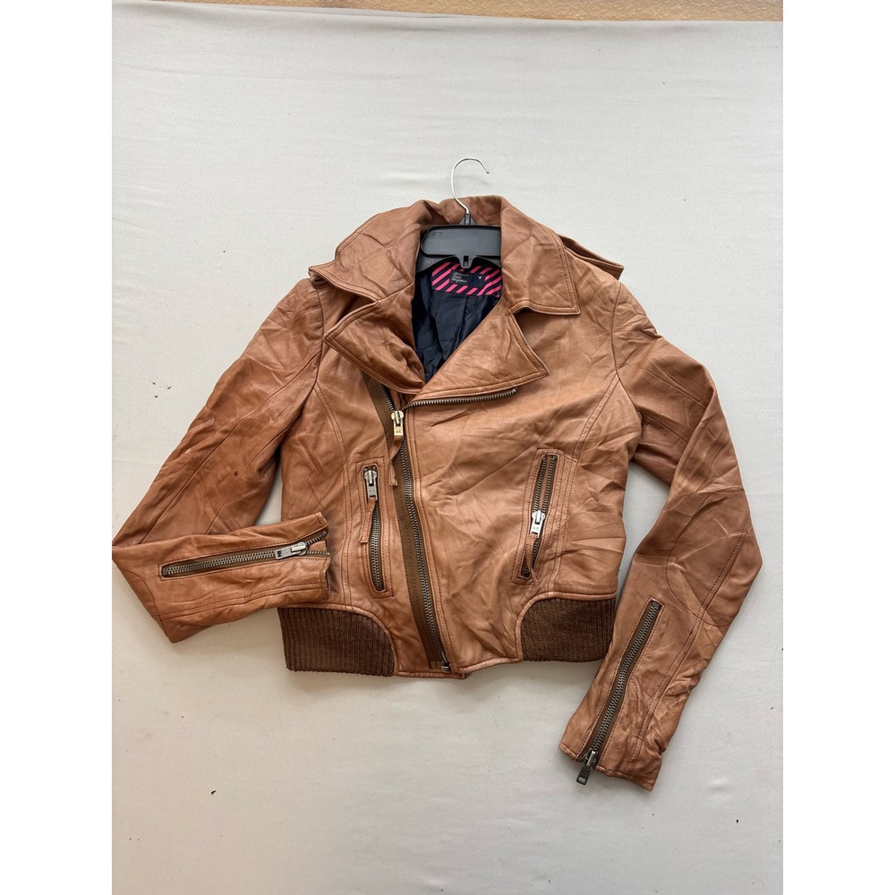 American Eagle Outfitters Brown Leather Moto Jacket Asymmetrical Zip Ribbed Hem
